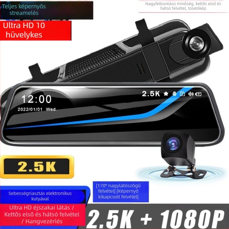 10 hüvelykes teljes képernyős autó tükrös dashcam, dupla felvétel, két lencse, érintőképernyő