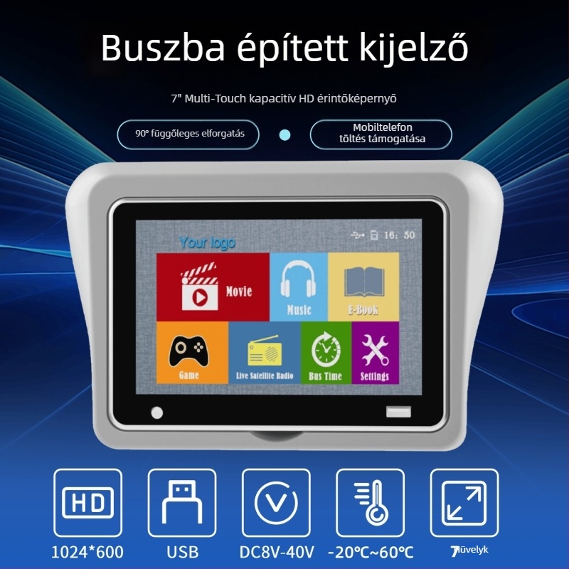 7 hüvelykes beépített autó LCD kijelző buszokhoz, MP5 szórakoztatás a hátsó ülésre