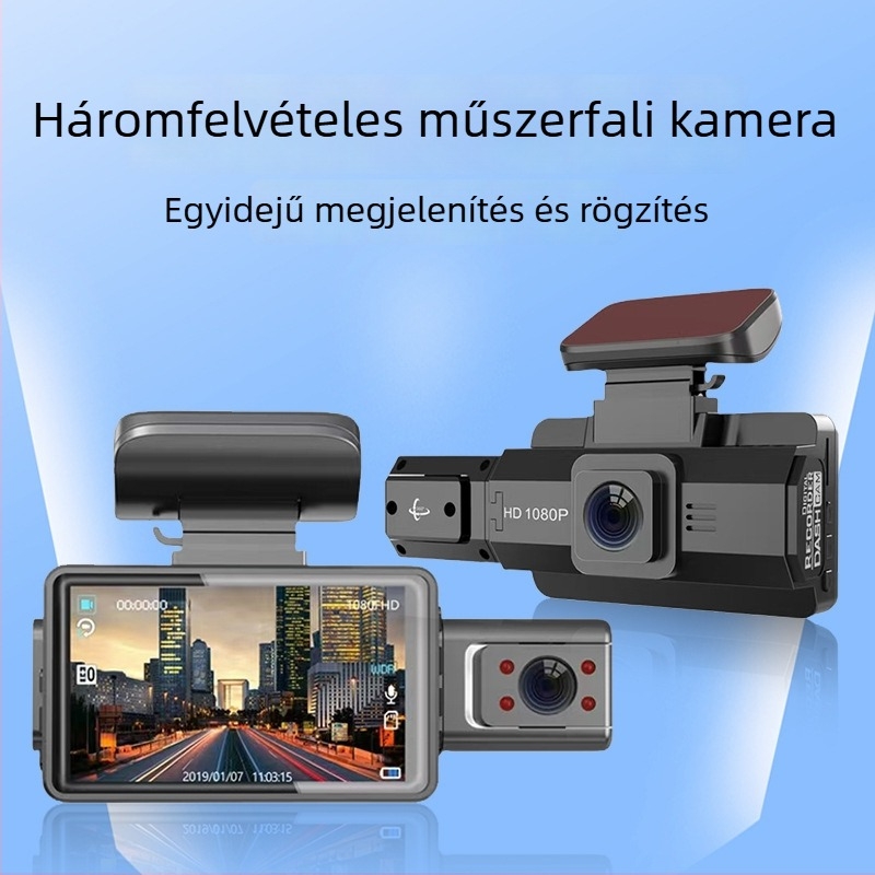 Háromlencsés autós dash cam, 170°-os látószög, éjszakai látás, belső és külső parkolásfigyelés, Wi-Fi, 1080p