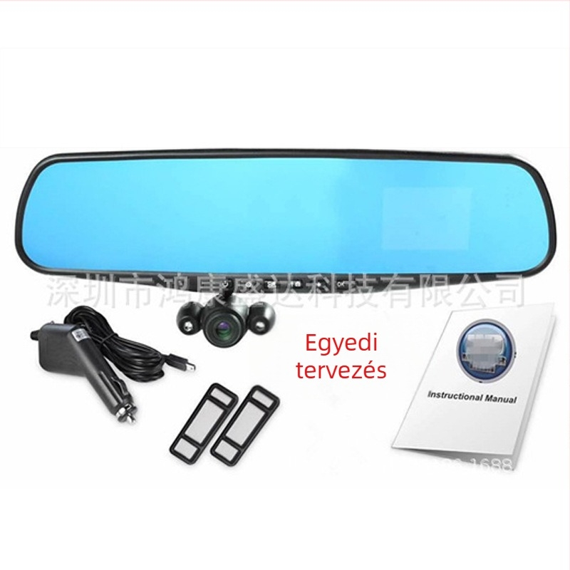 360°-os forgó objektívű tolató tükör dash cam, 1080p dupla lencsés, 4,3 hüvelykes, modell Q8
