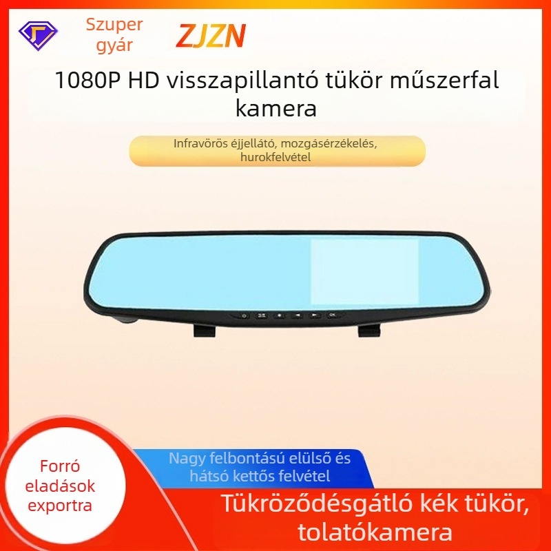 360°-os forgó objektívű tolató tükör dash cam, 1080p dupla lencsés, 4,3 hüvelykes, modell Q8