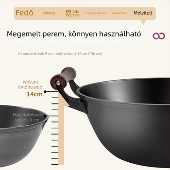 Lapos aljú vas wok, mélyített és vastított, nagy méretű serpenyő otthoni használatra, alkalmas gáztűzhelyre és indukciós tűzhelyre.