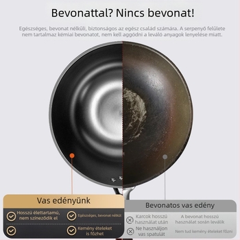 Lapos aljú vas wok, mélyített és vastított, nagy méretű serpenyő otthoni használatra, alkalmas gáztűzhelyre és indukciós tűzhelyre.