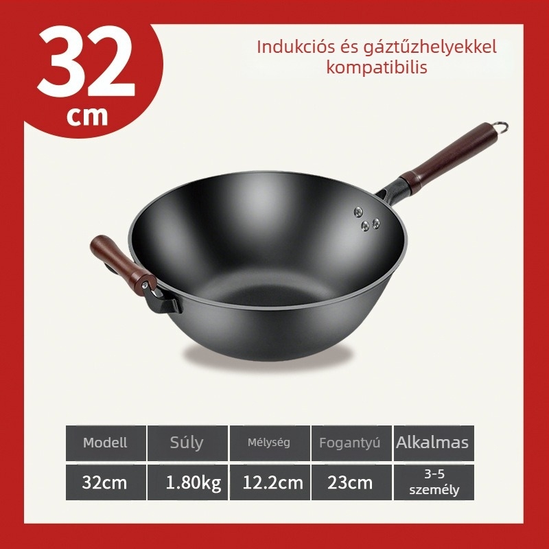 Lapos aljú vas wok, mélyített és vastított, nagy méretű serpenyő otthoni használatra, alkalmas gáztűzhelyre és indukciós tűzhelyre.