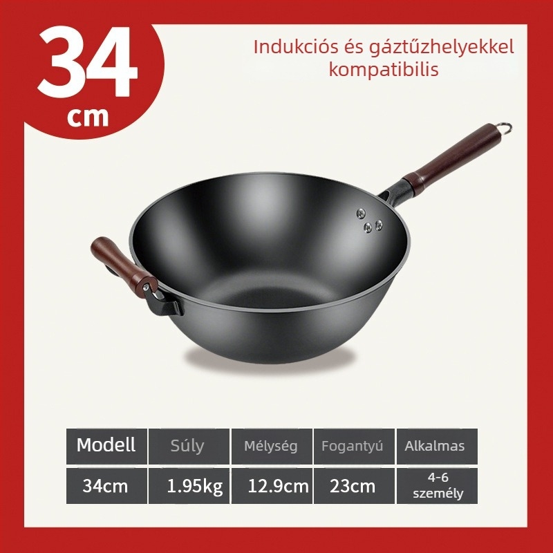 Lapos aljú vas wok, mélyített és vastított, nagy méretű serpenyő otthoni használatra, alkalmas gáztűzhelyre és indukciós tűzhelyre.