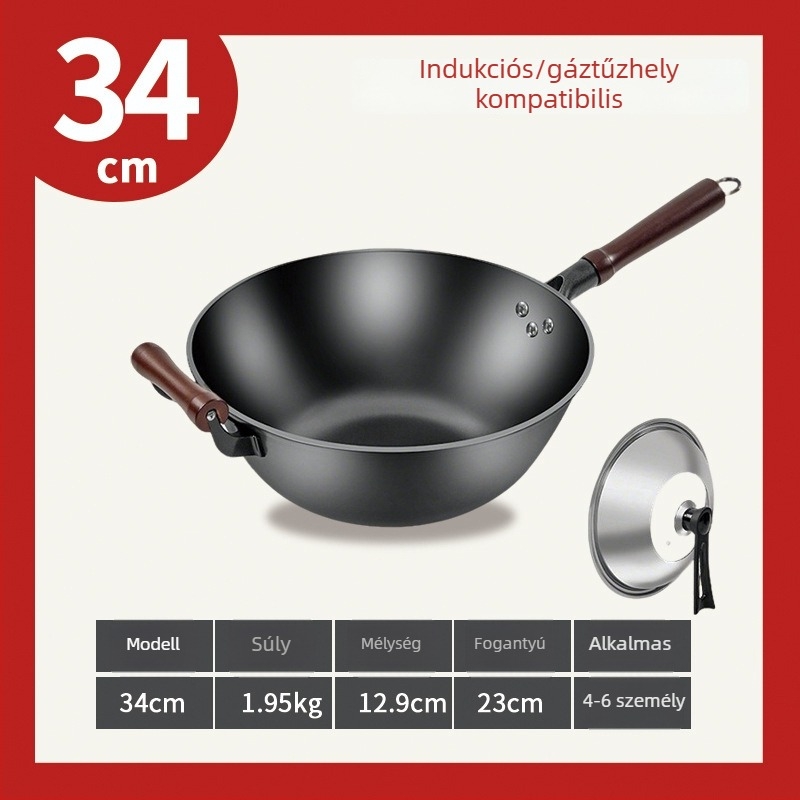 Lapos aljú vas wok, mélyített és vastított, nagy méretű serpenyő otthoni használatra, alkalmas gáztűzhelyre és indukciós tűzhelyre.