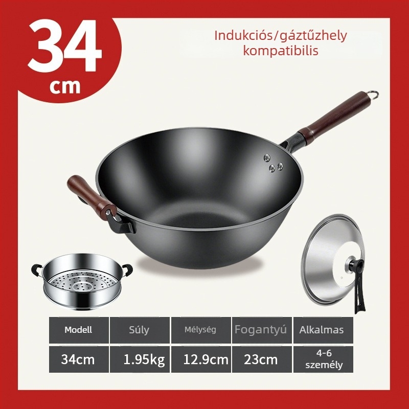 Lapos aljú vas wok, mélyített és vastított, nagy méretű serpenyő otthoni használatra, alkalmas gáztűzhelyre és indukciós tűzhelyre.