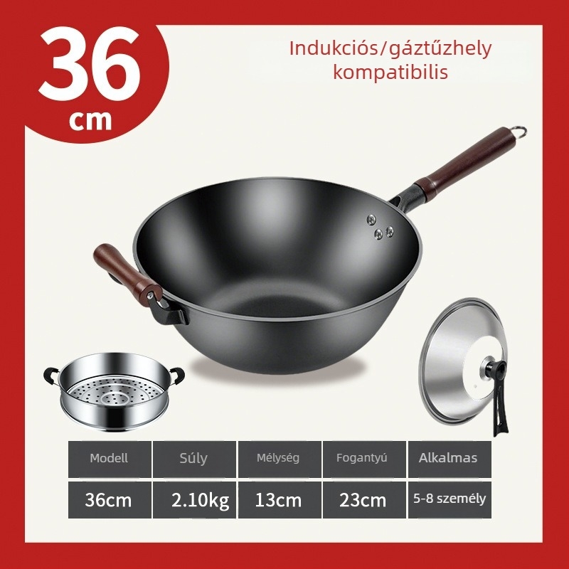Lapos aljú vas wok, mélyített és vastított, nagy méretű serpenyő otthoni használatra, alkalmas gáztűzhelyre és indukciós tűzhelyre.