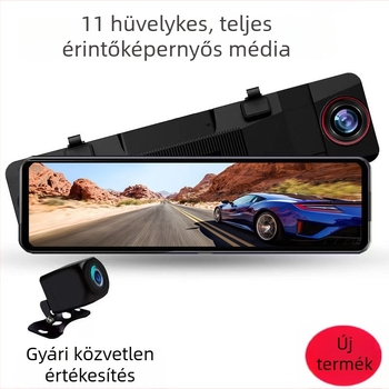 11 hüvelykes tükörbe épített dupla lencsés autós DVR, érintőképernyős Full HD kijelző, éjszakai látás és tolató kamera