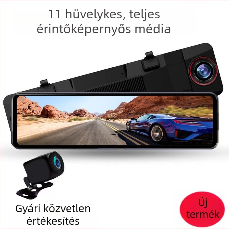 11 hüvelykes tükörbe épített dupla lencsés autós DVR, érintőképernyős Full HD kijelző, éjszakai látás és tolató kamera