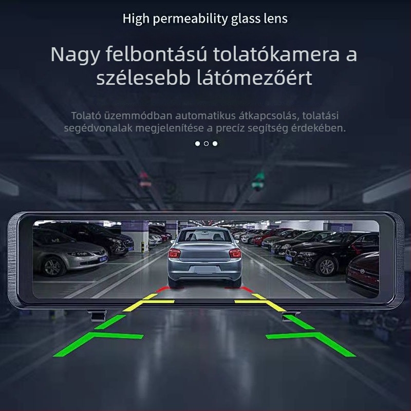 11 hüvelykes tükörbe épített dupla lencsés autós DVR, érintőképernyős Full HD kijelző, éjszakai látás és tolató kamera