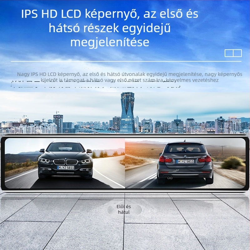 12 hüvelykes hangvezérléses autós dash cam, kettős lencsés elöl és hátul, teljes érintőképernyő, 1440p HD hátsó kép