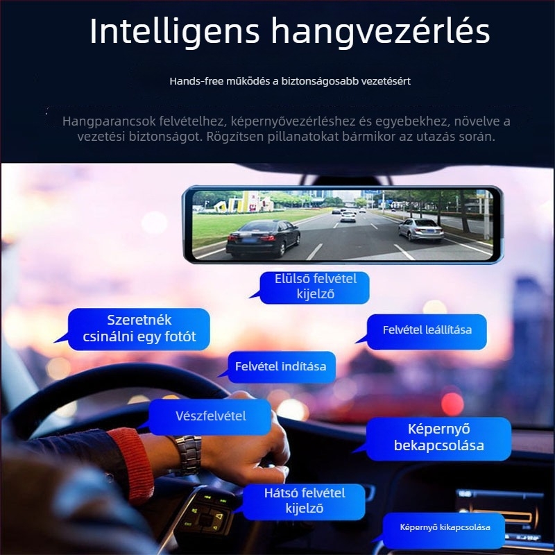 12 hüvelykes hangvezérléses autós dash cam, kettős lencsés elöl és hátul, teljes érintőképernyő, 1440p HD hátsó kép