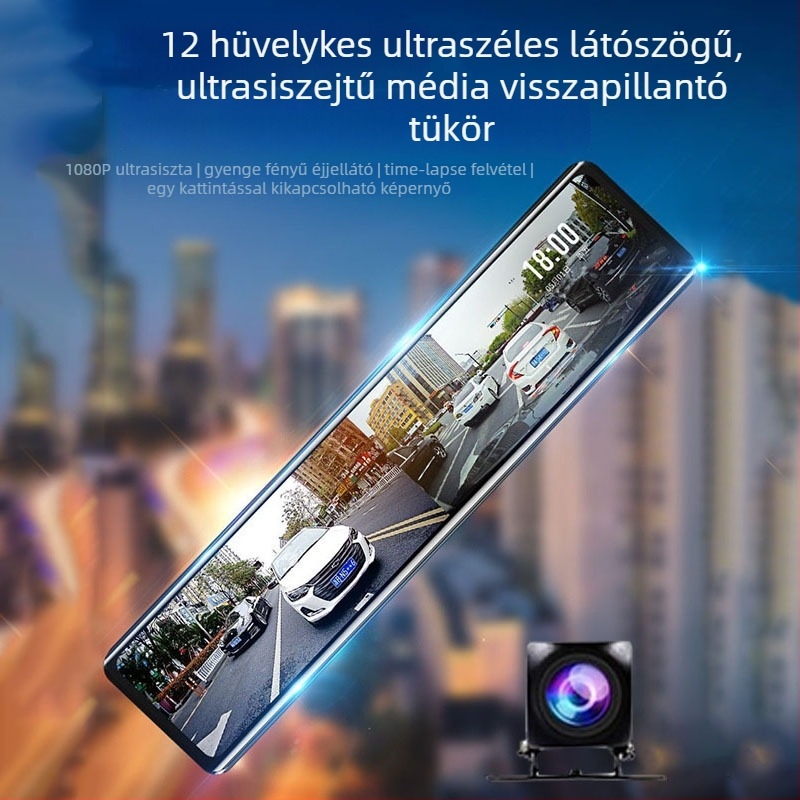12 hüvelykes hangvezérléses autós dash cam, kettős lencsés elöl és hátul, teljes érintőképernyő, 1440p HD hátsó kép