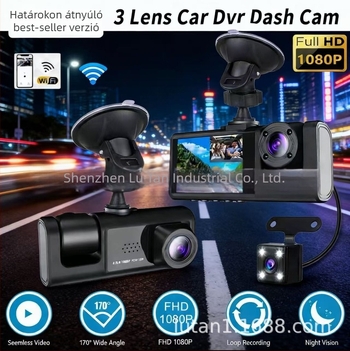 1080P-es háromlencsés autós DVR előre, belső és hátsó kamerával, tolató nézettel