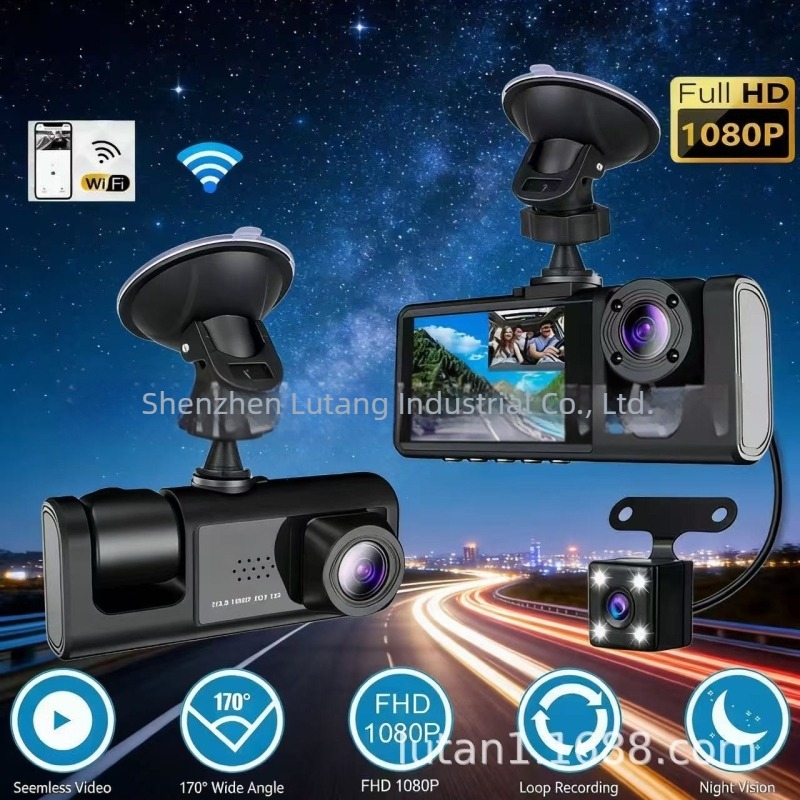 1080P-es háromlencsés autós DVR előre, belső és hátsó kamerával, tolató nézettel