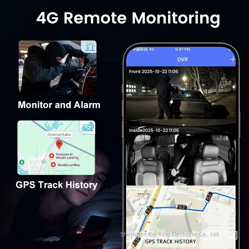 4G autós dashkamera távoli valós idejű megfigyeléssel, elülső és hátsó kamerákkal, Wi-Fi