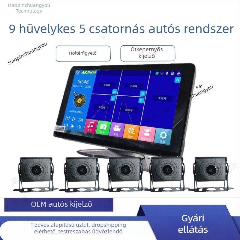 Járműre szerelt 9 hüvelykes, 5-csatornás dashcam hangvezérléssel és holttér-figyeléssel, MP5 audio-videó, AHD HD kamera