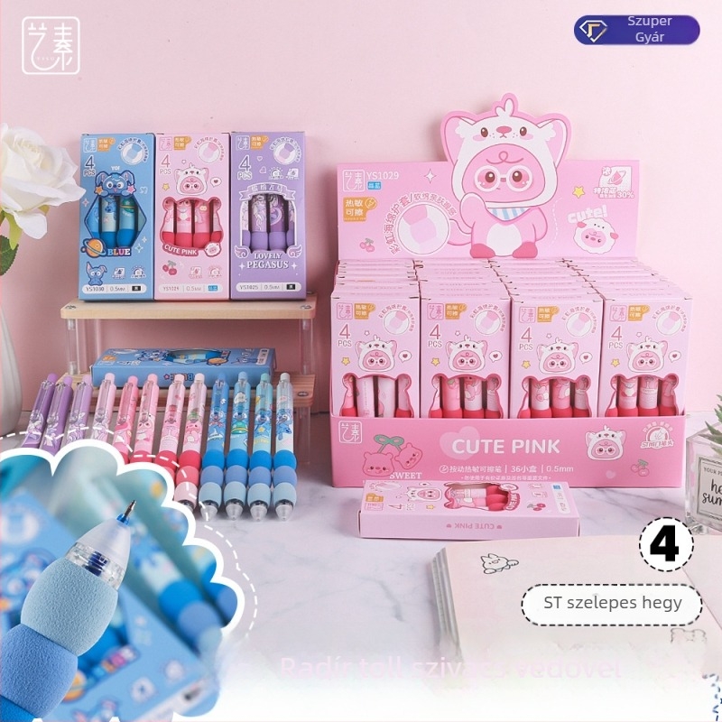 Puha fogású, törölhető gol toll, nyomógombos mechanizmus, ST sorozat, rozsdamentes acél heggyel, iskolai toll