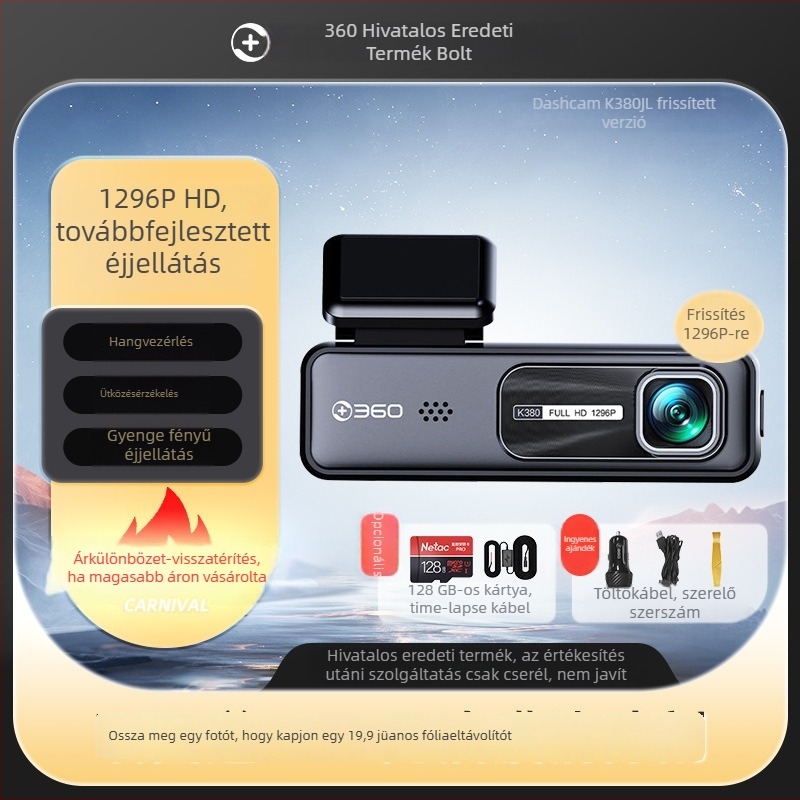 360° autós dash kamera K380JL, 1296P kiváló éjjellátás, parkolás monitorozás, vezeték nélküli, új modell