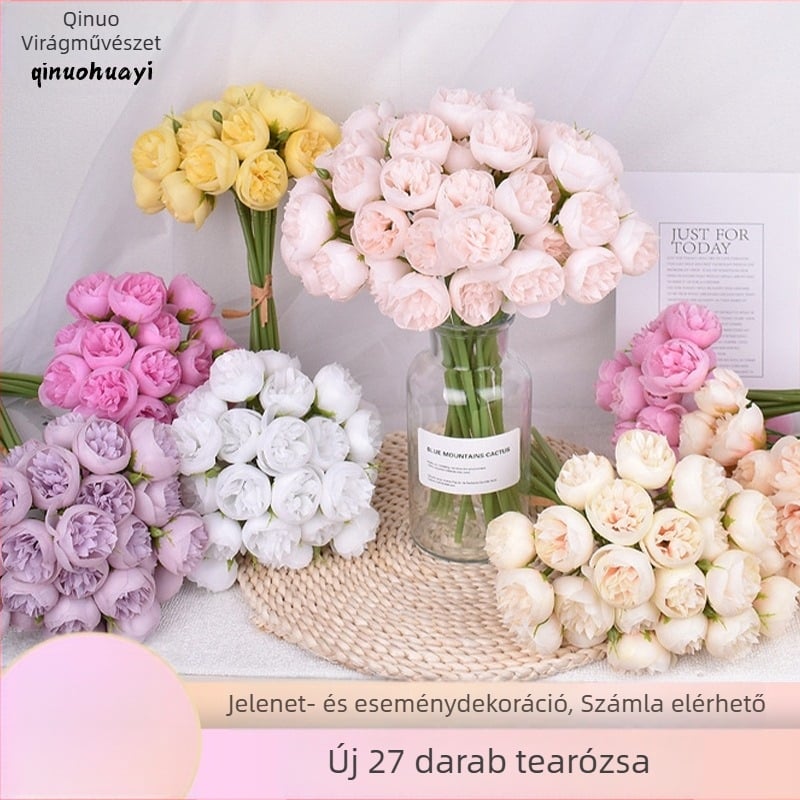 Új 27 fejű művirág Tea Rose esküvői csokor, dekoráció a színpadhoz, szállodához és otthonhoz