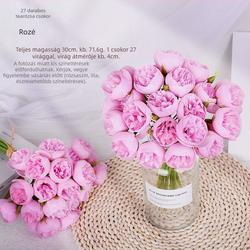 Új 27 fejű művirág Tea Rose esküvői csokor, dekoráció a színpadhoz, szállodához és otthonhoz