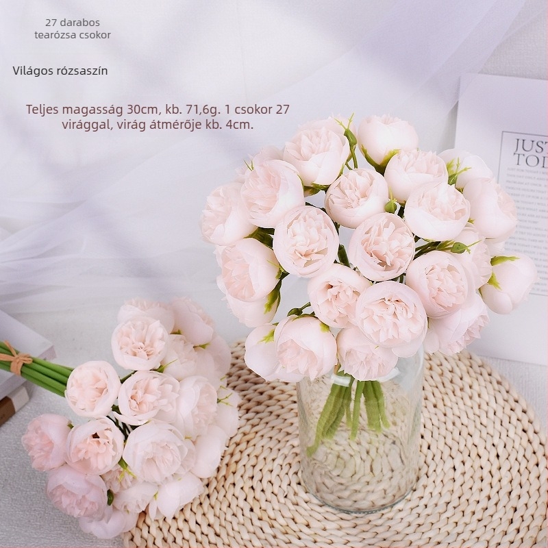 Új 27 fejű művirág Tea Rose esküvői csokor, dekoráció a színpadhoz, szállodához és otthonhoz