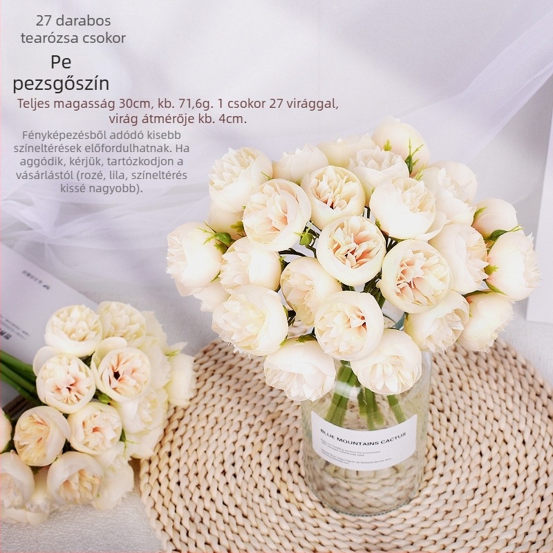 Új 27 fejű művirág Tea Rose esküvői csokor, dekoráció a színpadhoz, szállodához és otthonhoz