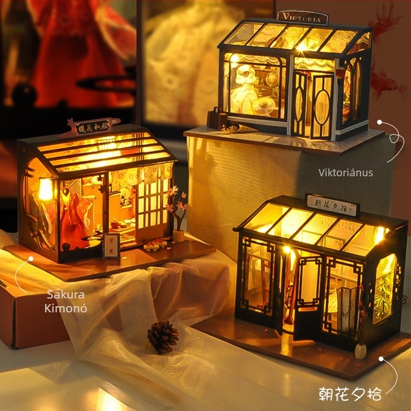 Japán stílusú DIY mini ház: élelmiszerbolt utcai jelenet, kézzel összeállítható modell, kreatív ajándék dekoráció