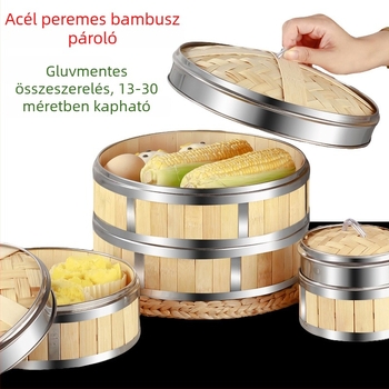Bambusz gőzölő dim sumhoz, rozsdamentes acél éllel – kantoni éttermi használatra