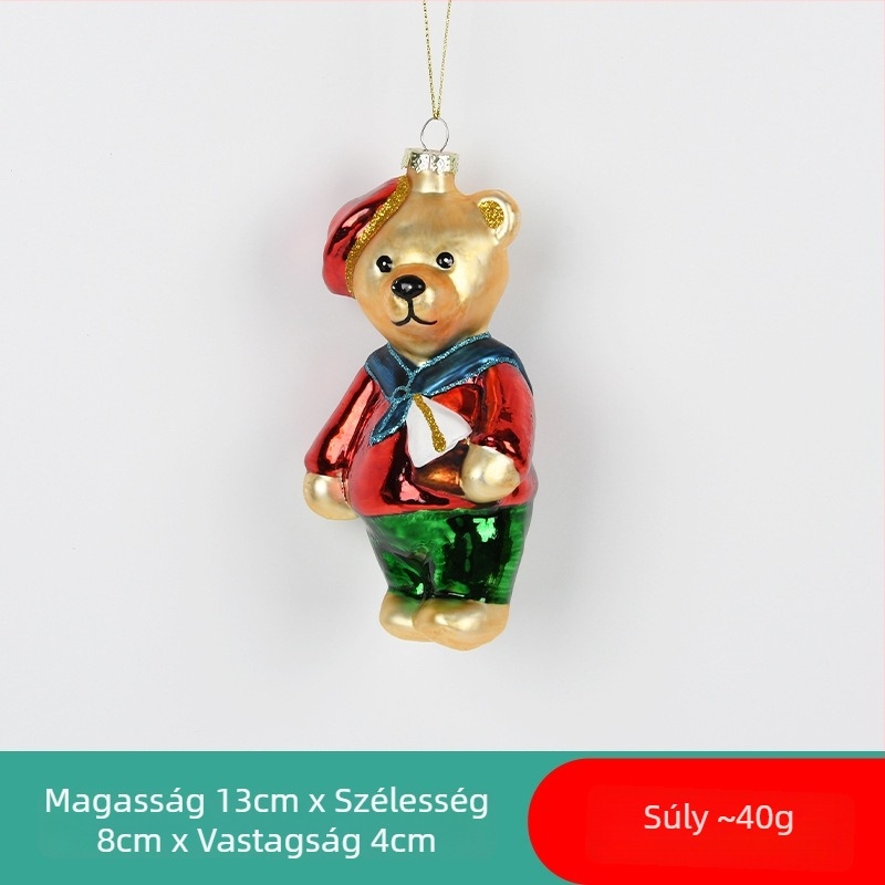 Üvegből készült, festett karácsonyi dísz – Mikulás és hóember motívummal, karácsonyi zoknival és egy kis medve medállal a fa díszítésére