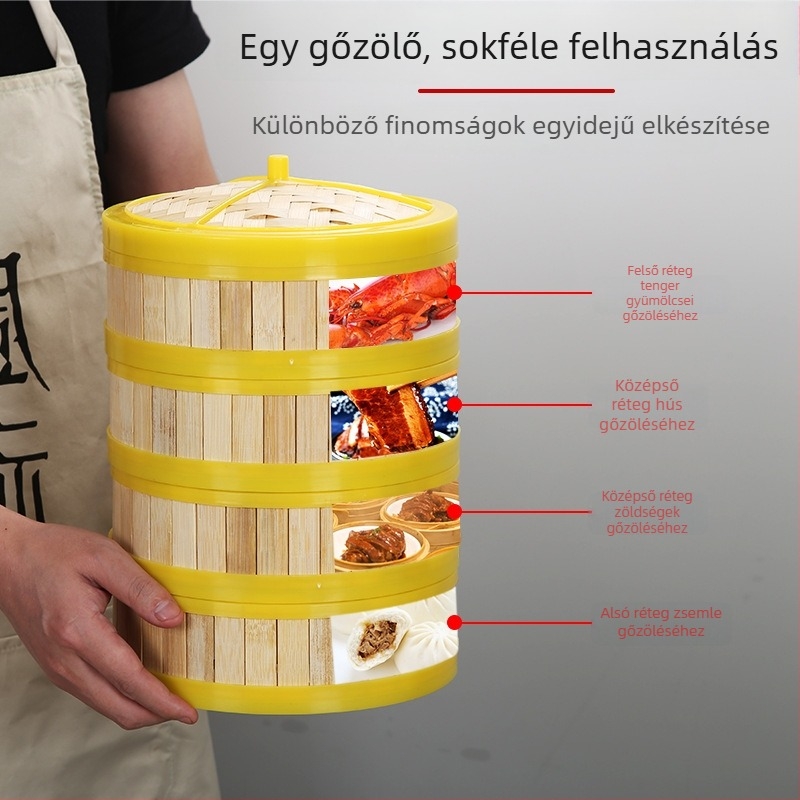 Bambusz gőzölő kereskedelmi használatra, kantoni reggeli tea, Hongkong-stílusú dim sum, rizs gőzölő, Xiaolongbao, Sha County gőzölt gombócok gőzölője, gőzölőfedél