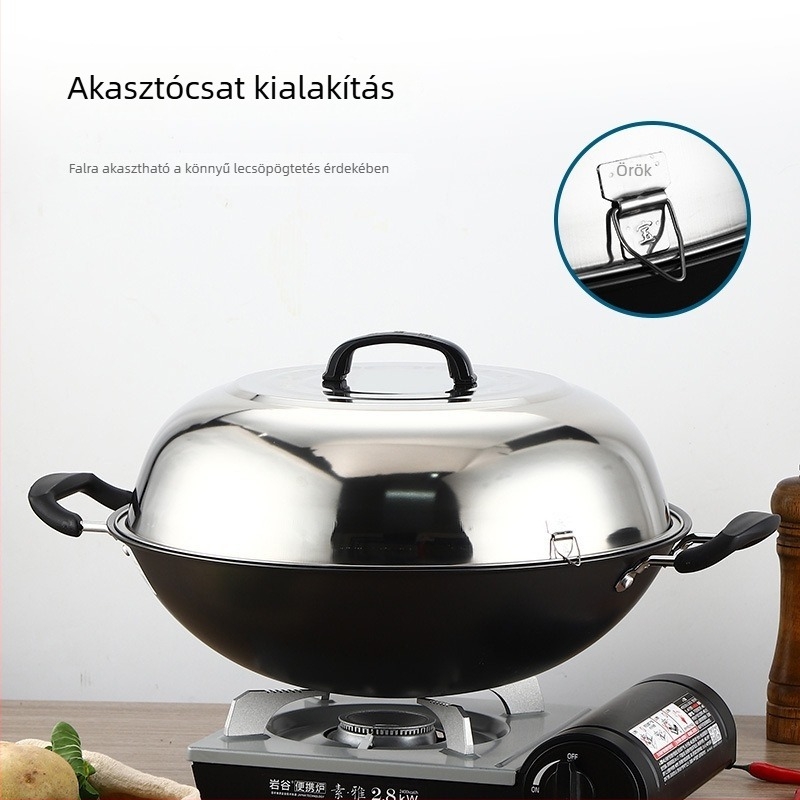 Rozsdamentes acél wokfedő magas íves kialakítással, hagyományos kör alakú fedő a wokhoz