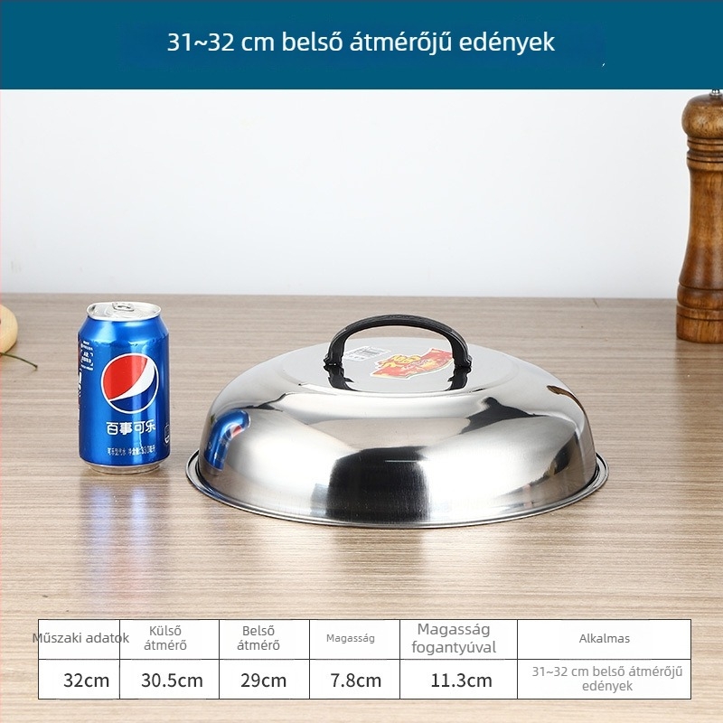 Rozsdamentes acél wokfedő magas íves kialakítással, hagyományos kör alakú fedő a wokhoz