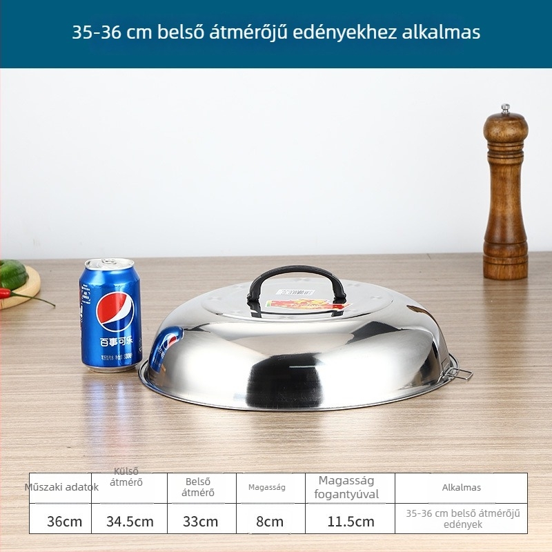 Rozsdamentes acél wokfedő magas íves kialakítással, hagyományos kör alakú fedő a wokhoz