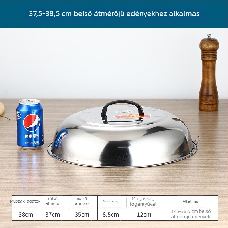 Rozsdamentes acél wokfedő magas íves kialakítással, hagyományos kör alakú fedő a wokhoz