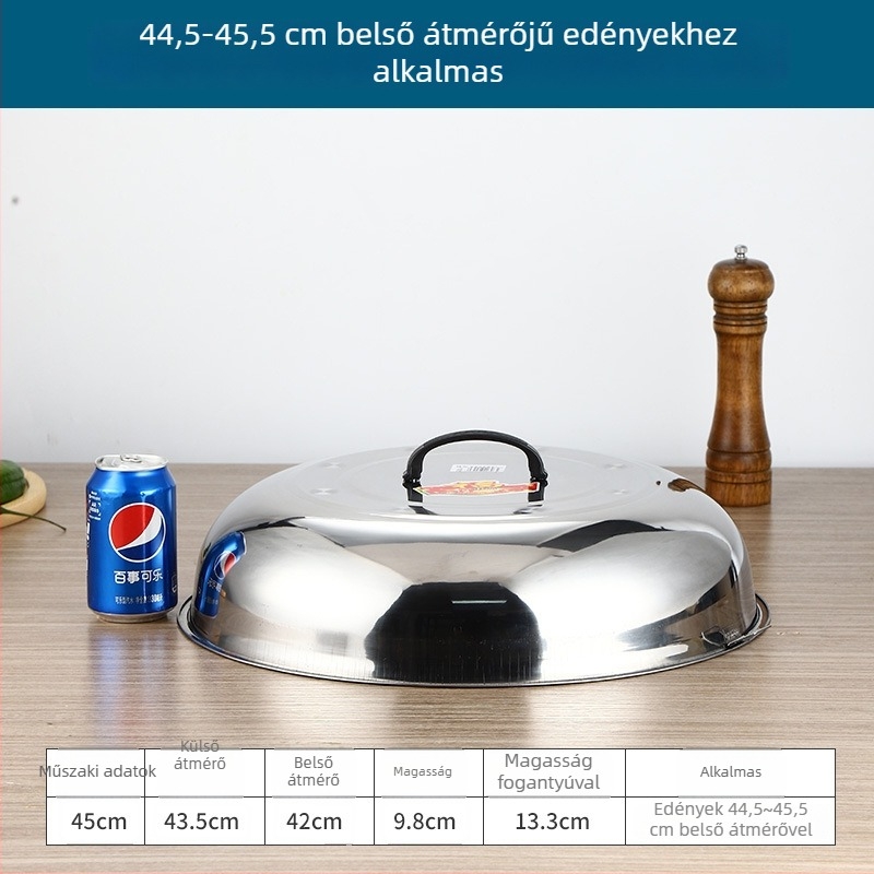 Rozsdamentes acél wokfedő magas íves kialakítással, hagyományos kör alakú fedő a wokhoz