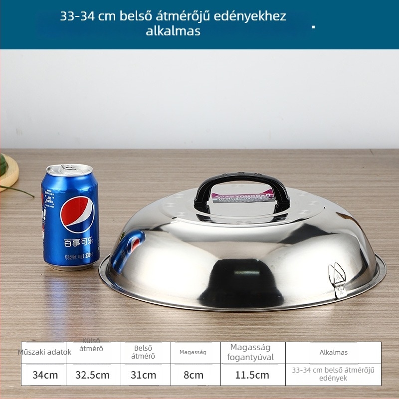 Rozsdamentes acél wokfedő magas íves kialakítással, hagyományos kör alakú fedő a wokhoz