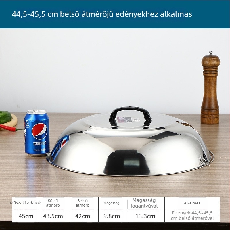 Rozsdamentes acél wokfedő magas íves kialakítással, hagyományos kör alakú fedő a wokhoz