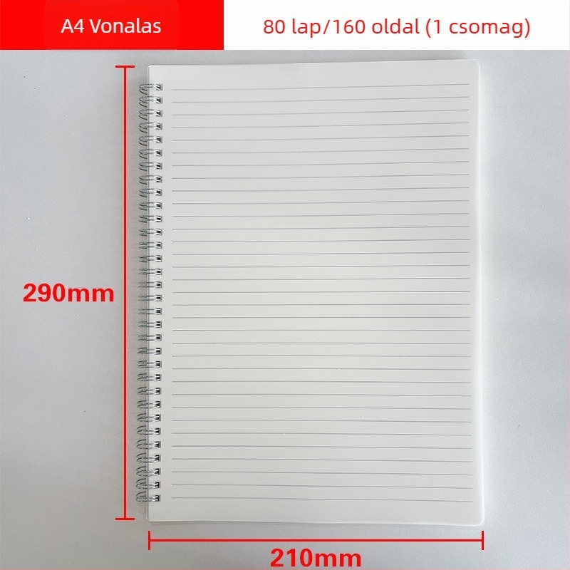 Spirálfüzet készlet: méretek A4, A5, A6, A7 és B5; 80 oldal, 70 g/m² papír, vékony vízszintes vonalakkal