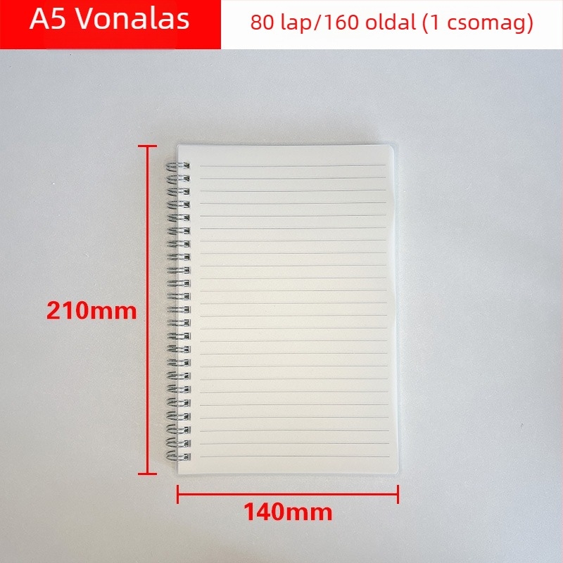 Spirálfüzet készlet: méretek A4, A5, A6, A7 és B5; 80 oldal, 70 g/m² papír, vékony vízszintes vonalakkal