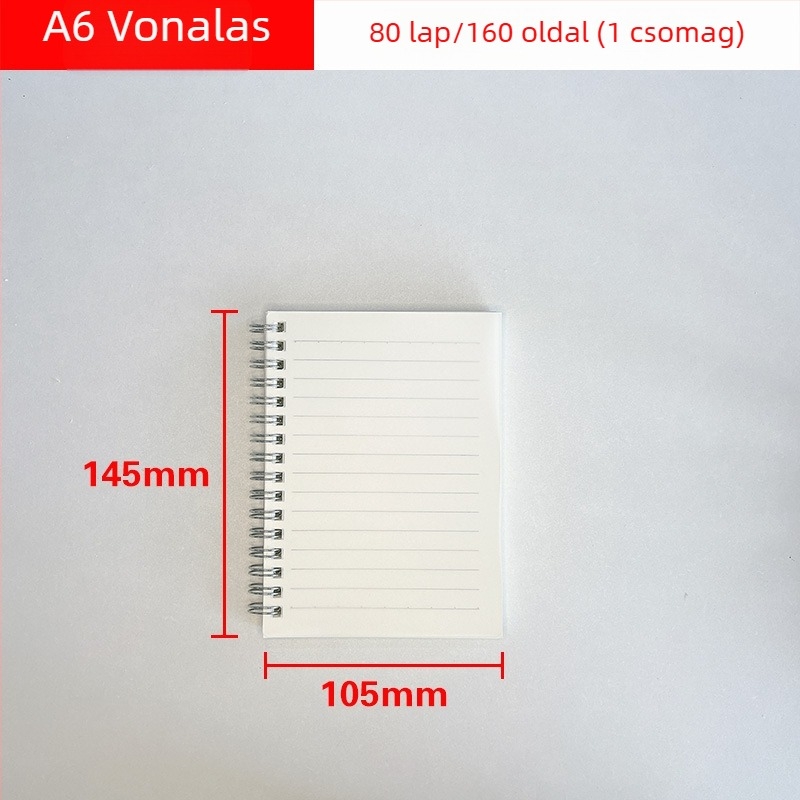Spirálfüzet készlet: méretek A4, A5, A6, A7 és B5; 80 oldal, 70 g/m² papír, vékony vízszintes vonalakkal