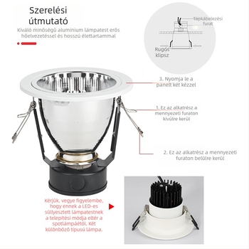 6 hüvelykes beépíthető LED mennyezeti downlight E27 foglalattal, alumínium ház, 6000K fehér fény, 11-15W