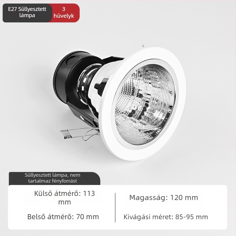 6 hüvelykes beépíthető LED mennyezeti downlight E27 foglalattal, alumínium ház, 6000K fehér fény, 11-15W