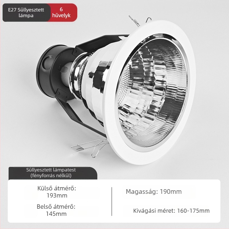 6 hüvelykes beépíthető LED mennyezeti downlight E27 foglalattal, alumínium ház, 6000K fehér fény, 11-15W