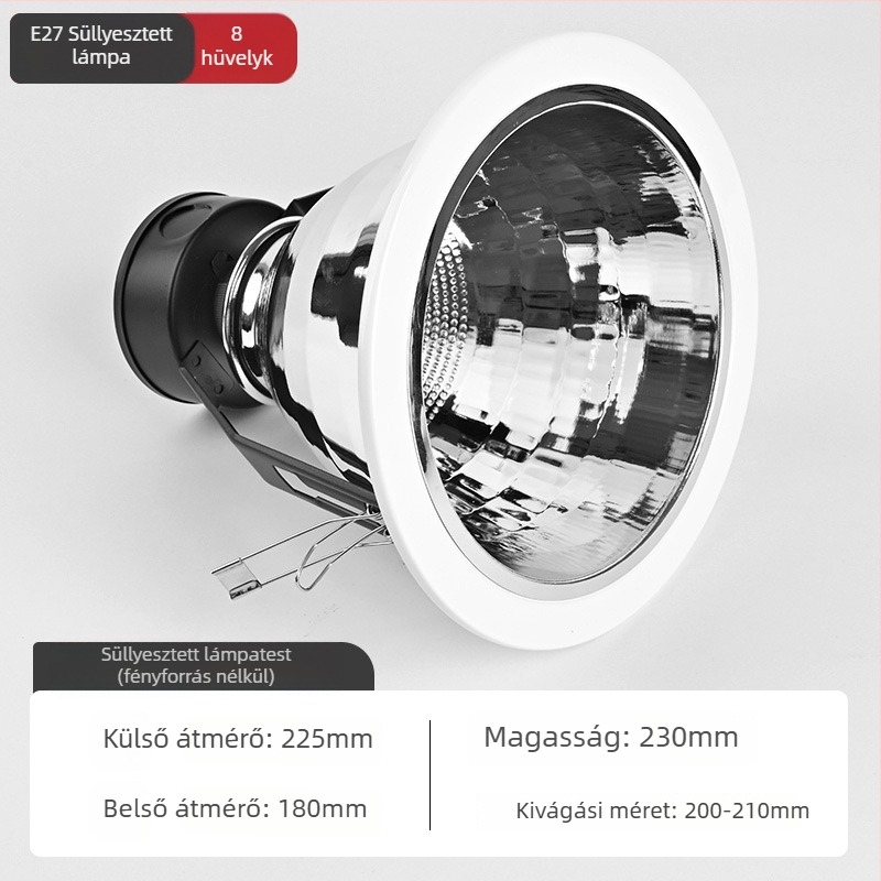 6 hüvelykes beépíthető LED mennyezeti downlight E27 foglalattal, alumínium ház, 6000K fehér fény, 11-15W
