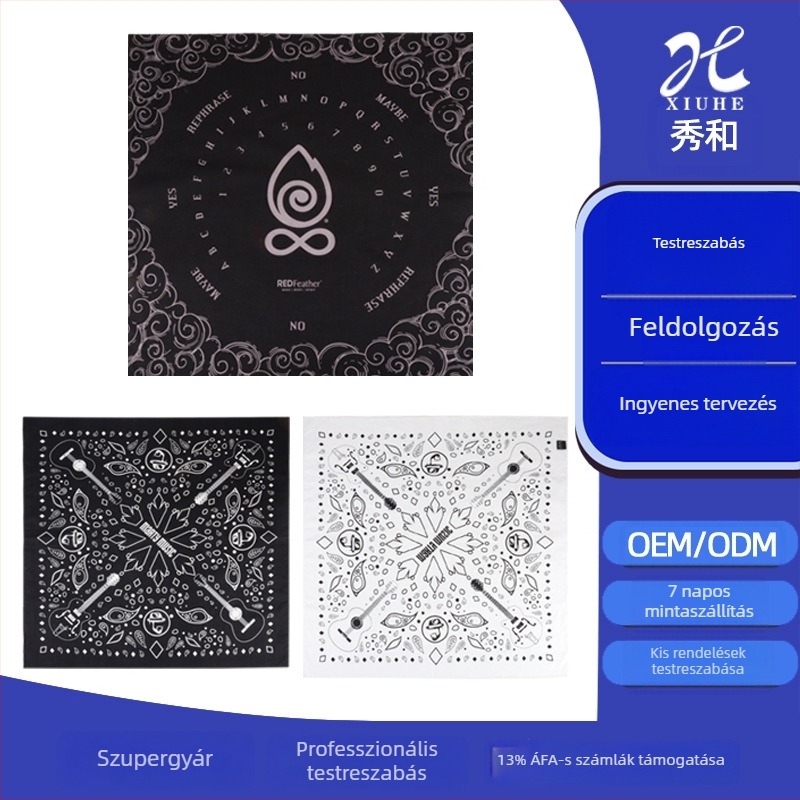 100% pamut digitális nyomtatású fejkendő, egyedi logóval, kétoldalas nagy négyzet kendő, 60×60 cm, virágos mintázat