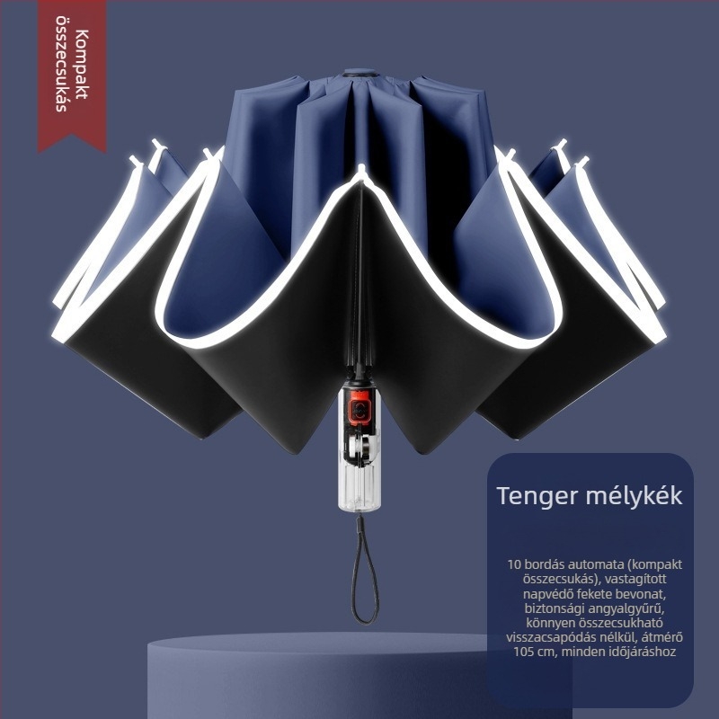 Automata összecsukható esernyő napra és esőre, nagy méret, három részes kialakítás, fekete vinil borítás, UPF 50+ UV védelem, alumínium bordák, acél tengely, műanyag fogantyú