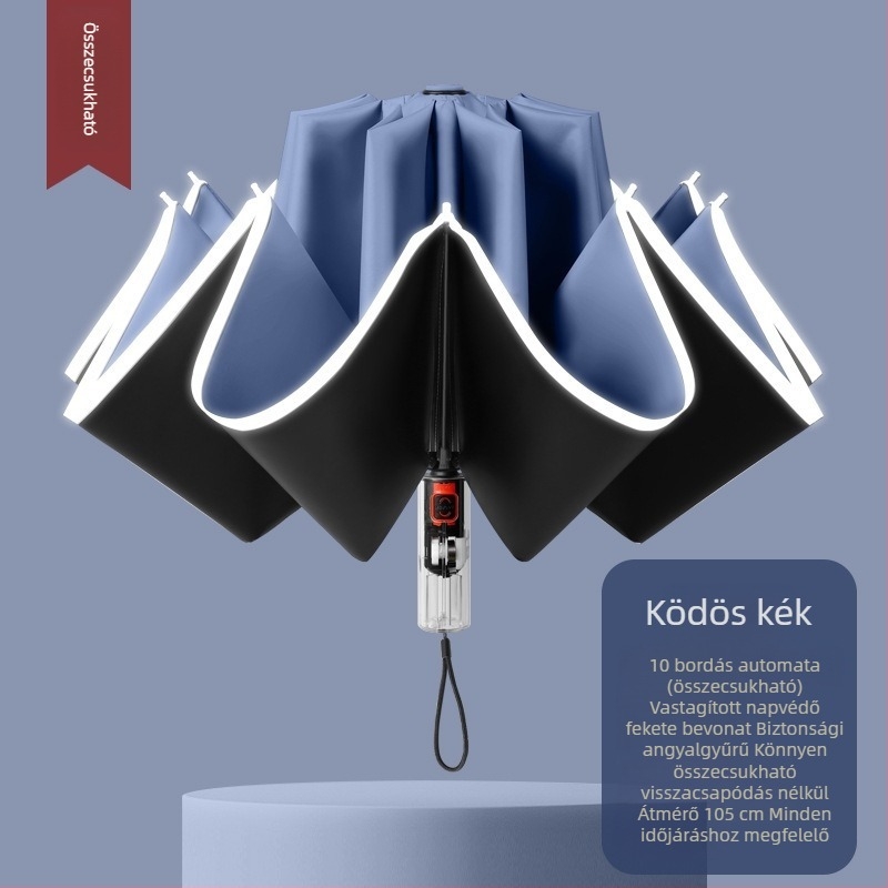 Automata összecsukható esernyő napra és esőre, nagy méret, három részes kialakítás, fekete vinil borítás, UPF 50+ UV védelem, alumínium bordák, acél tengely, műanyag fogantyú