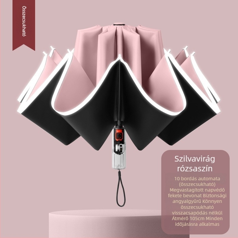 Automata összecsukható esernyő napra és esőre, nagy méret, három részes kialakítás, fekete vinil borítás, UPF 50+ UV védelem, alumínium bordák, acél tengely, műanyag fogantyú